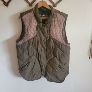 Eddie Bauer Down Vest Puffer Quilted Green Suede Leather Medium M